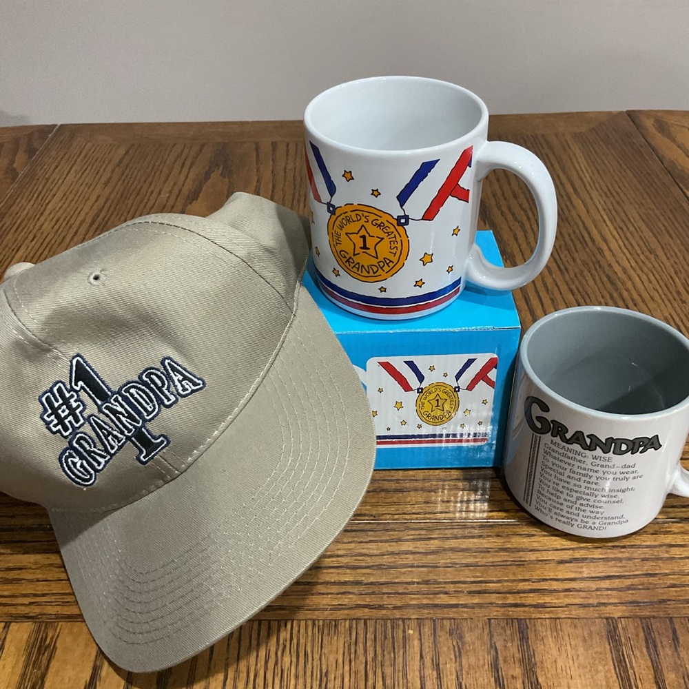 Set 3 GRANDPA items: 2 mugs (1 in a gift box) & hat with #1 Grampa embroidered